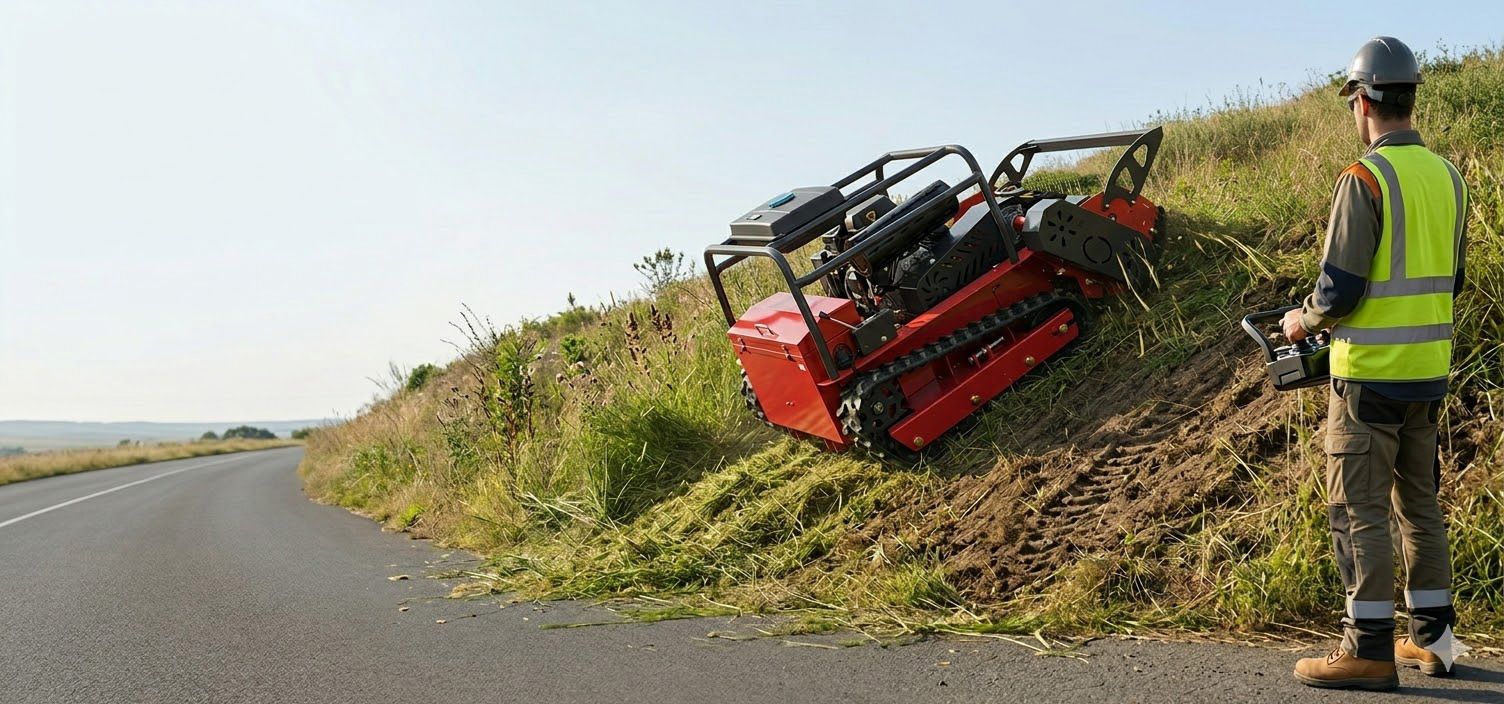 Flagship remote-controlled tracked flail mower operating on a roadside embankment while the operator stands safely on the road shoulder