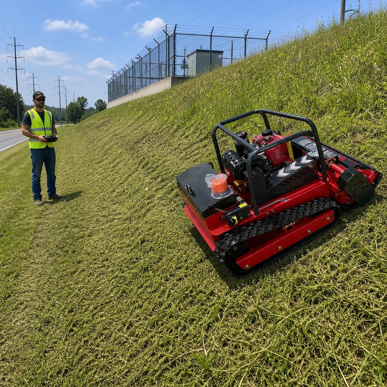 GST-1000 diesel hybrid tracked flail mower remote-control safety scene
