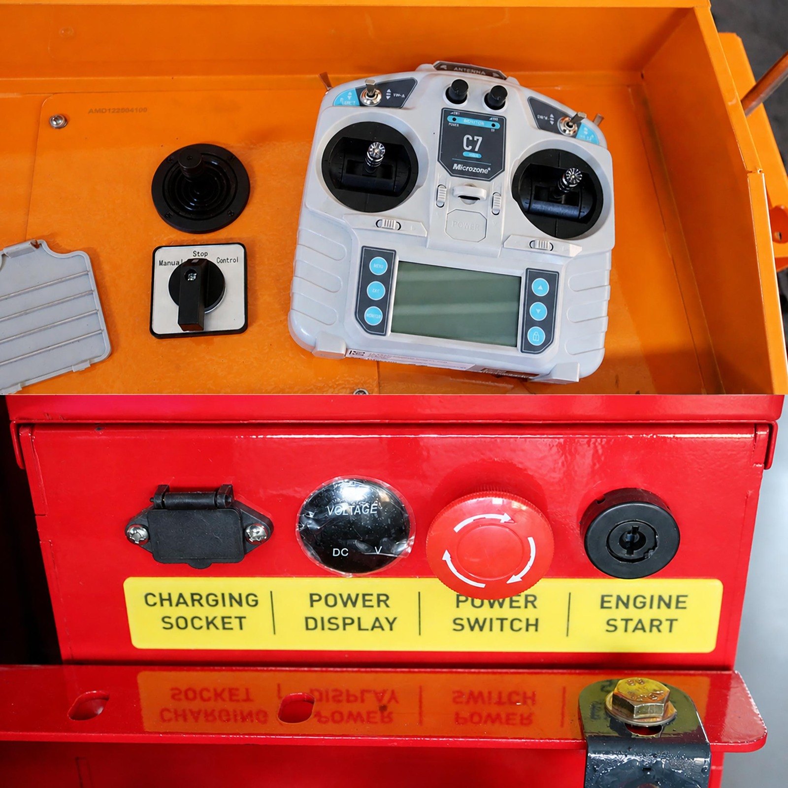 GST-1000 gasoline hybrid tracked flail mower control panel and remote control detail