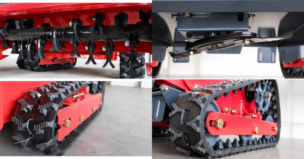 Flail mower tools and rotary mower blades compared with tracked undercarriage details