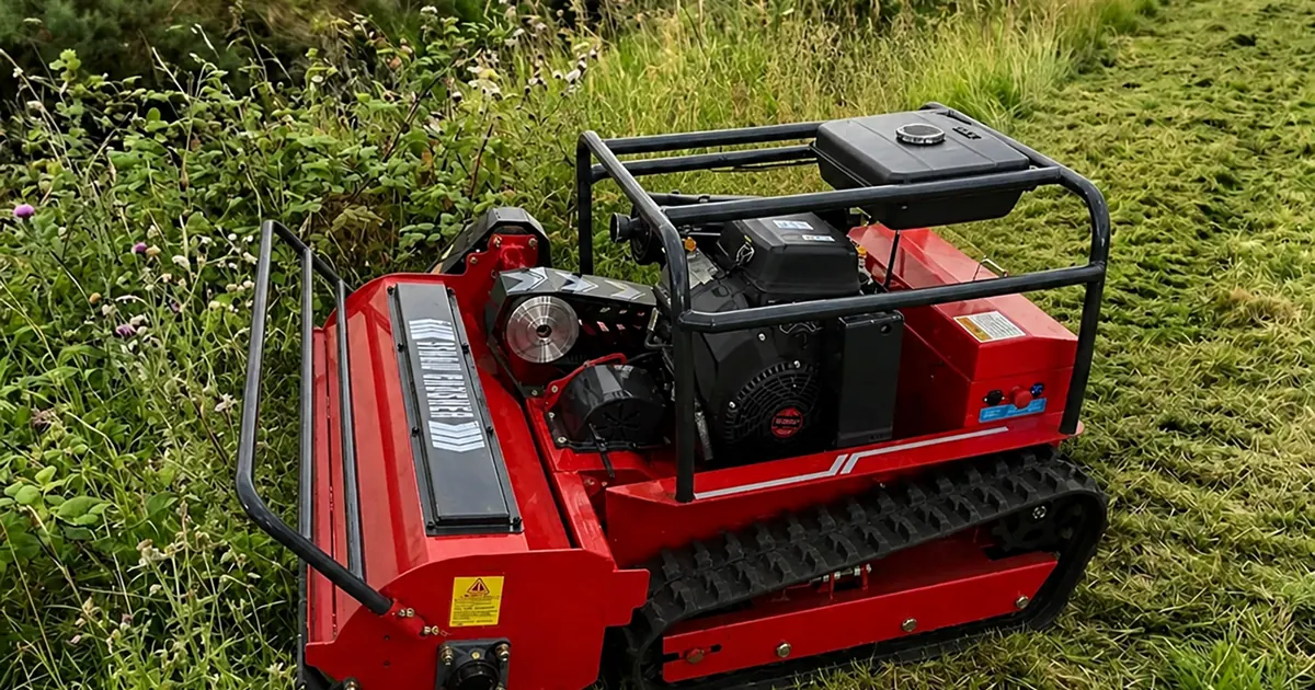 GS TAITAN-1000 remote-controlled tracked flail mower cutting rough grass on uneven ground