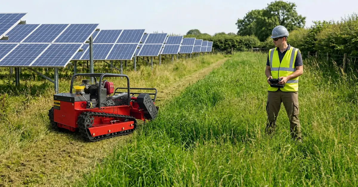 Remote-controlled tracked mower cutting vegetation between photovoltaic panel rows